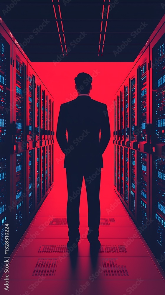 Poster a silhouette of a person stands in a data center, surrounded by rows of servers illuminated in blue 