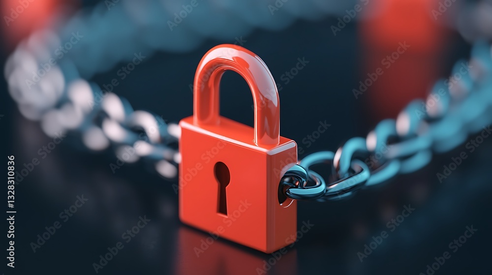 Poster a close-up of a red padlock attached to a chain, symbolizing security and protection.