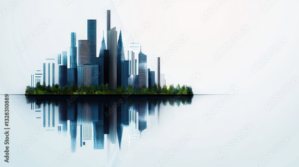 Aufkleber a futuristic city skyline reflected on calm water, surrounded by greenery, creating a serene and mod