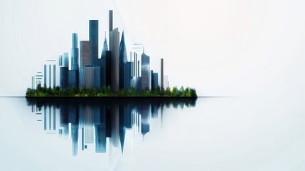 Fototapeta premium A futuristic city skyline reflected on calm water, surrounded by greenery, creating a serene and modern atmosphere.