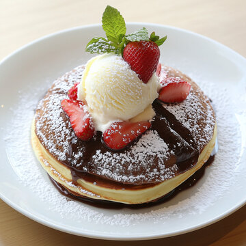 Panecake with valilla ice cream and strawberries dessert