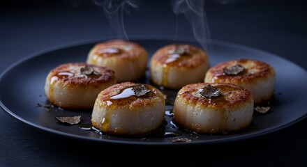 Seared Scallops with Truffle Oil Gourmet Food Elegant Dish Close up Photography