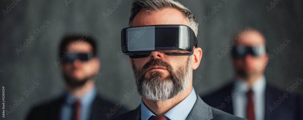 Poster a group of men in suits wearing virtual reality headsets, showcasing the intersection of technology 