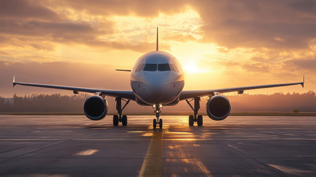 A commercial airplane on a runway during sunset, highlighting travel and aviation.