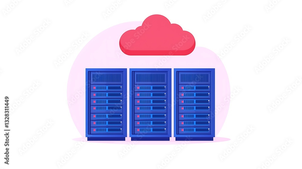 Poster a visual representation of cloud computing, featuring three blue servers beneath a pink cloud symbol