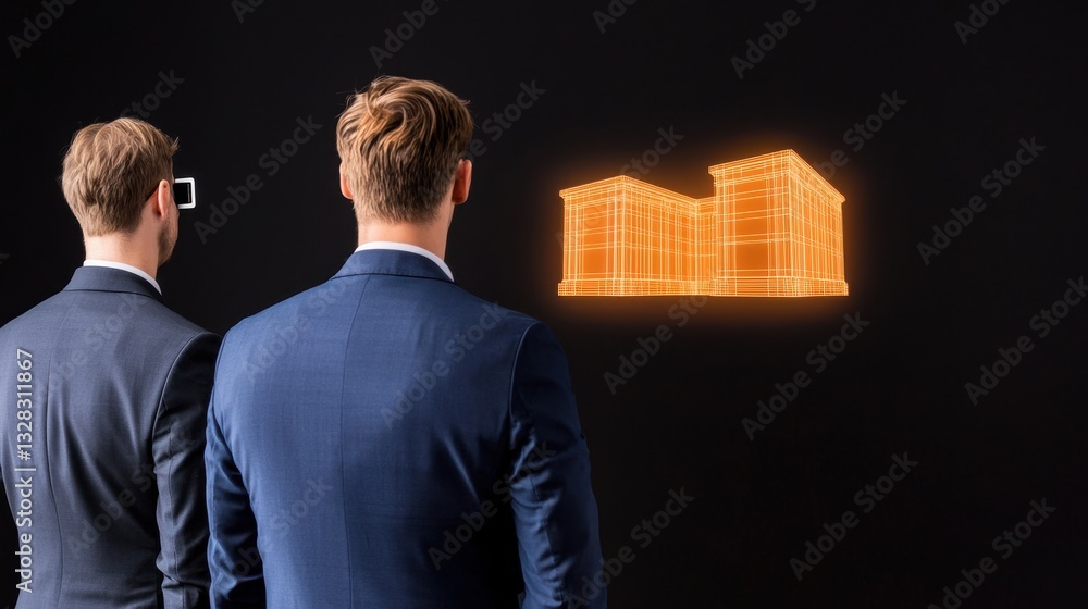 Aufkleber two professionals observe a 3d holographic building model, showcasing innovation and technology in a