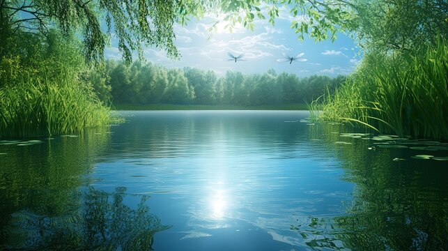 calm, serene summer lake with crystal-clear water, dragonflies buzzing above, and the sun reflecting off the surface.