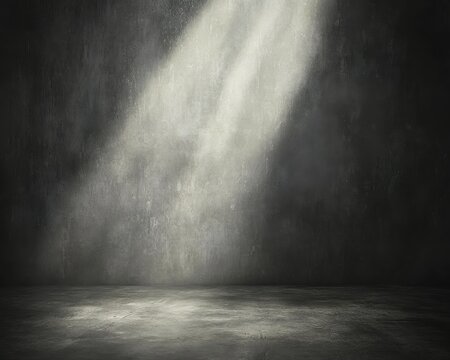 A dimly lit room featuring a rough concrete floor, with shadows playing across the surface. The walls are bare, adding to the industrial ambiance, creating a moody atmosphere.