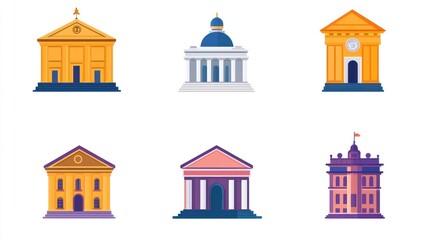 Six colorful illustrations of various building architectural styles.