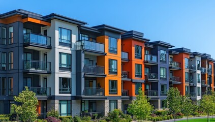 Naklejka premium Modern residential apartments with colorful exterior designs, balconies, and landscaped green spaces under a bright blue sky in a vibrant urban setting