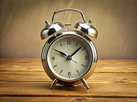 Retro Silver Alarm Clock on Wood, Midnight, 12 AM/PM, Empty Space for Text