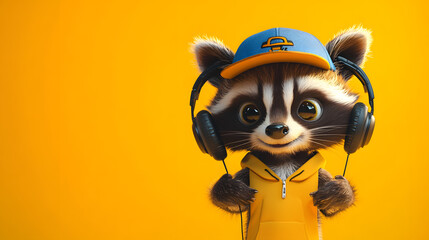 cartoon cute Raccoon wearing Cap and Headphones