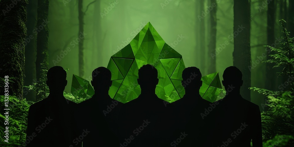 Aufkleber silhouettes of figures stand before a striking green crystal formation in a misty forest, creating a