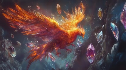 phoenix shedding crystal feathers that turn into gemstones.