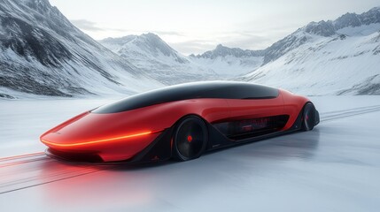 Naklejka premium Futuristic red car on snowy mountain landscape