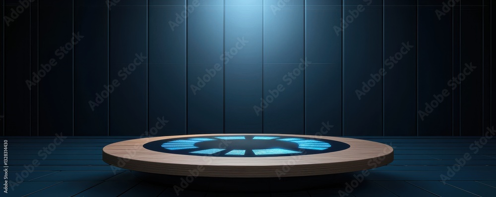 Poster A futuristic circular platform illuminated by blue light, set against a dark background, creating an intriguing and mysterious atmosphere.