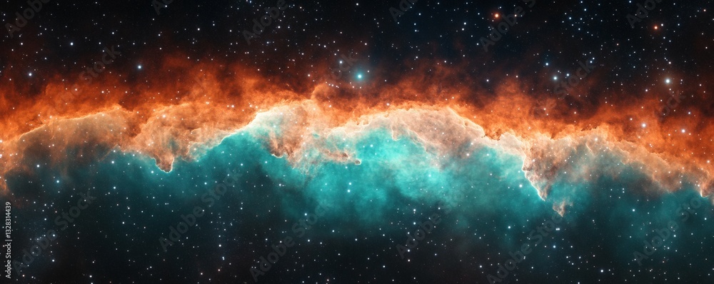 Poster an expansive and colorful view of interstellar cosmic clouds and stars