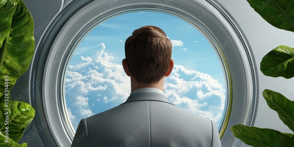Aufkleber a man in a suit gazes at fluffy clouds through a circular window, surrounded by lush green leaves, e