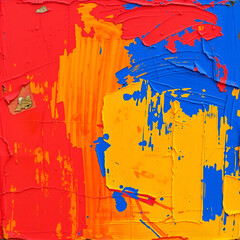 brushstrokes in deep red, blue, and golden yellow background 