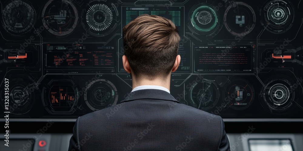 Fototapete A man in a suit observes a high-tech control panel filled with digital screens and data displays in an advanced environment.
