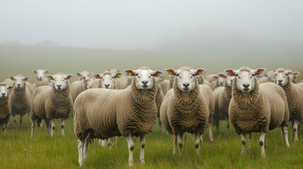 Obraz premium A flock of sheep stands in a misty field, creating a serene rural atmosphere.