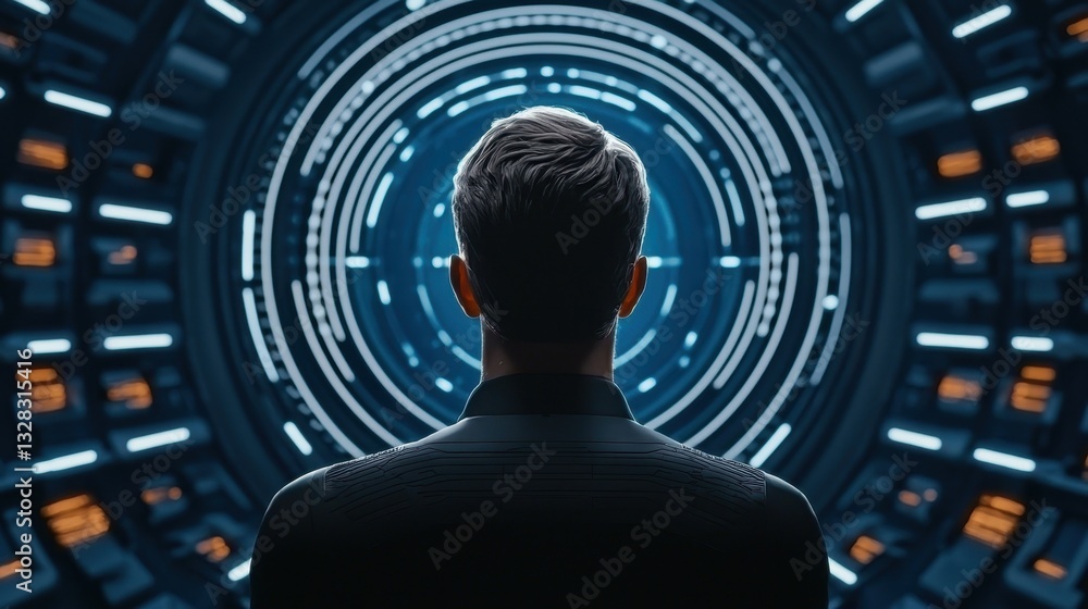 Poster a person stands before a glowing circular interface, suggesting exploration of technology or virtual