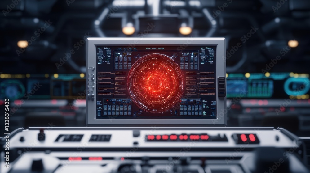 Aufkleber a futuristic control panel displays a glowing red graphic, set in a high-tech environment filled wit