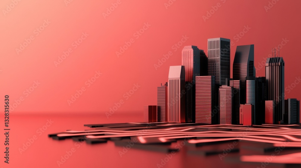 Aufkleber a stylized cityscape in shades of red, showcasing a modern skyline and reflective surfaces, creating