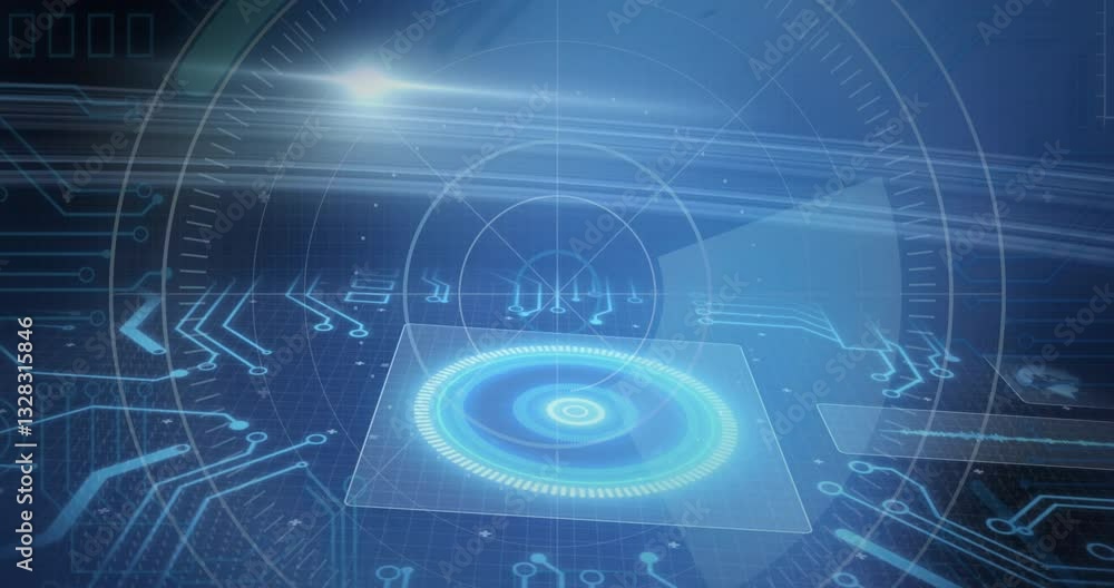 Poster Glowing blue circular patterns with circuit lines in digital animation interface