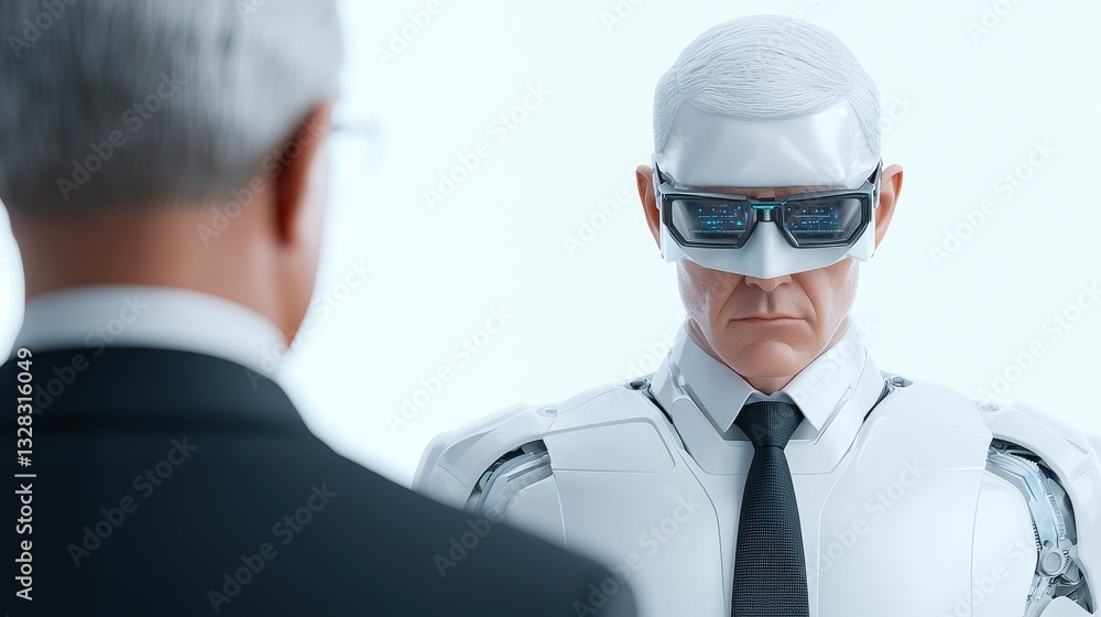 Poster a futuristic robot stands before a human in a suit, highlighting the interplay between humanity and 