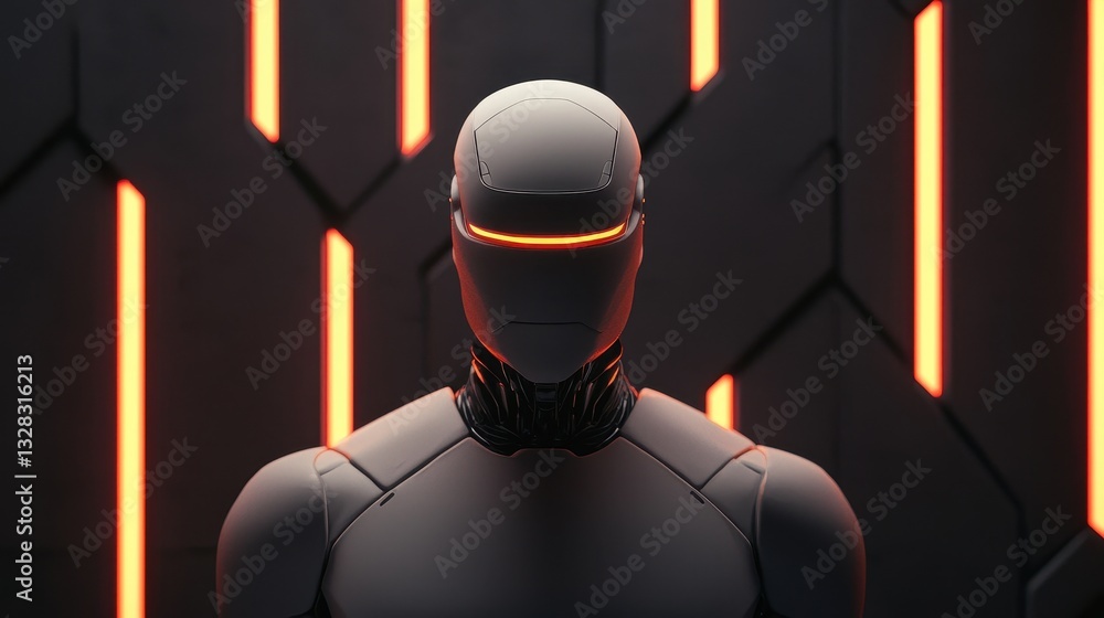 Poster a futuristic humanoid robot stands against a dark background illuminated by neon orange stripes, emb