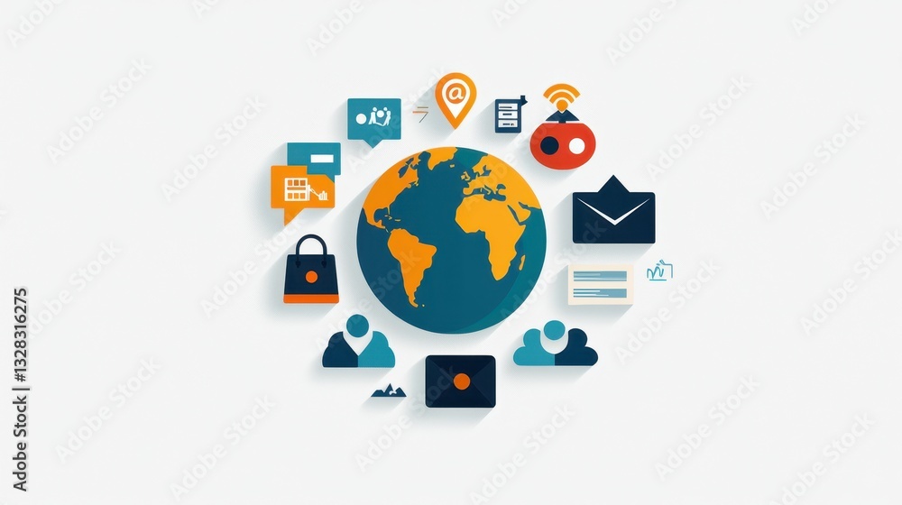 Poster a colorful illustration featuring a globe surrounded by various digital communication icons, symboli