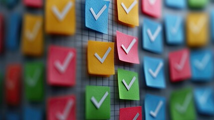 Colorful check marks sticky notes representing task completion, project management, organizational efficiency, symbolizing the successful execution of importance of staying organized in business