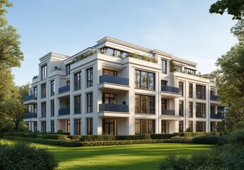Fototapeta premium Modern residential building with balconies surrounded by lush greenery and open space in a bright and sunny atmosphere