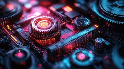 Fototapeta premium Colorful concept of interlocking cogsgears on mechanical industrial background, showcasing the intricate movementprecision engineering of machinery in bold, vibrant design