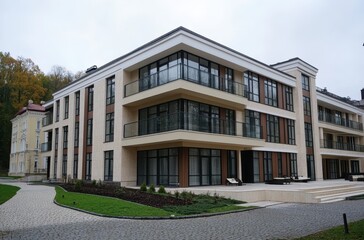 Modern Residential Building with Elegant Design Surrounded by Lush Greenery and Paved Pathway in a Peaceful Urban Environment