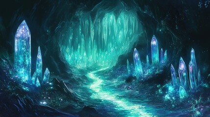 vast underground crystal forest, where glowing pathways wind through the trees.