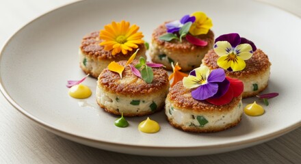 Gourmet Fish Cakes with Edible Flowers Delicious Appetizer Restaurant Food