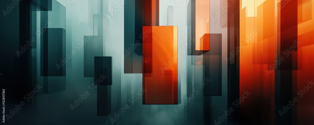 Poster an abstract composition featuring vertical shapes in shades of blue, green, and red, creating a mode