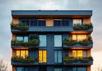 Fototapeta premium Modern residential building with solar panels and green balconies showcasing sustainable architecture and urban living in a contemporary setting at dusk