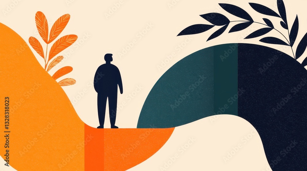 Poster A stylized illustration depicting a lone figure on a curved path surrounded by abstract foliage, symbolizing exploration and introspection.