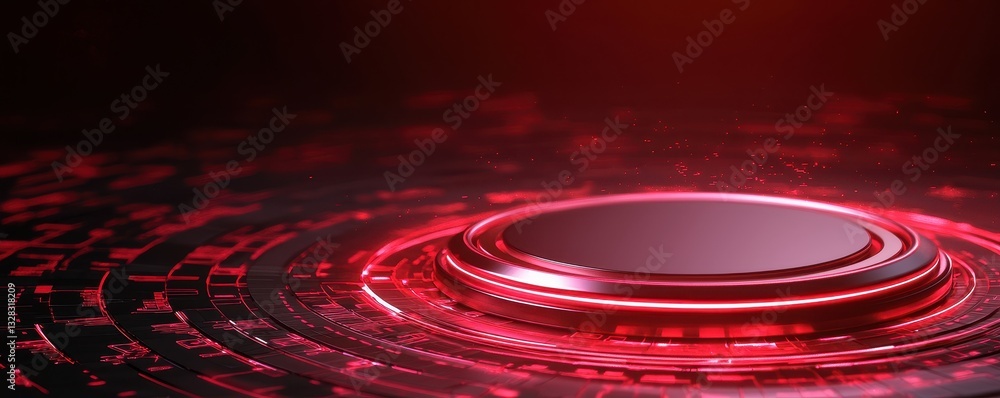 Poster A futuristic, glowing red circular interface on a dark background, surrounded by dynamic digital patterns and waves.