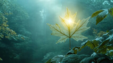 leaf shining bright in the middle of a misty morning forest.
