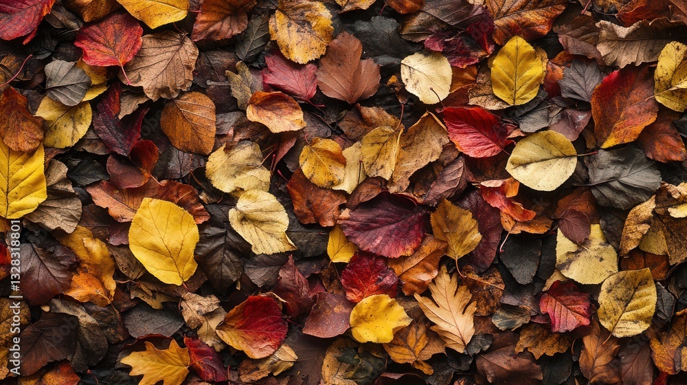 Poster freshly fallen leaves scattered in a perfect circle, their shapes and colors creating an intricate n