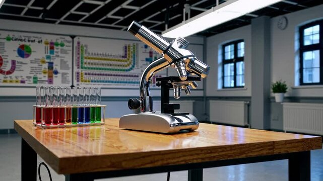 A Modern Laboratory Microscope on a Wooden Table in a Bright Science Classroom with Colorful Test Tubes and Educational Charts in the Background