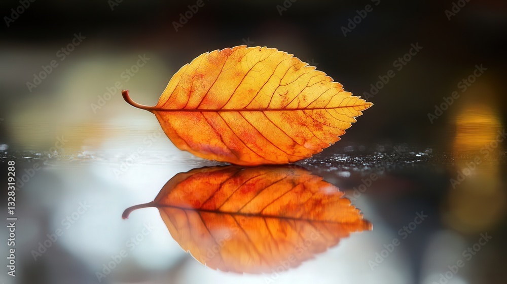 Poster design a photograph with a leaf reflecting on a shiny, smooth surface, capturing the symmetry and sh