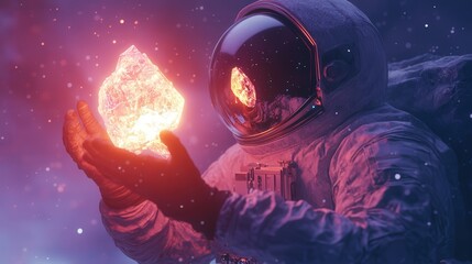holding a glowing space crystal found on an alien planet.