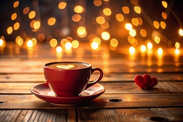 Obraz premium Romantic Valentine's Day Coffee: Wooden Calendar & Cozy Cup on Rustic Table