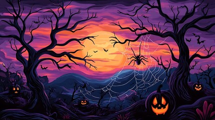 Fototapeta premium Halloween Sunset: Digital Painting of Spooky Forest Scene AI Generated
