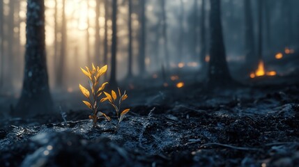 forest fire contrast with new plant growth emerging from the ashes.